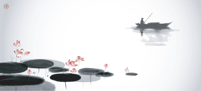 Ink painting of a lone boatman rowing near blooming lotus flowers on calm water.Traditional oriental ink painting sumi-e, u-sin, go-hua. Hieroglyph - well-being