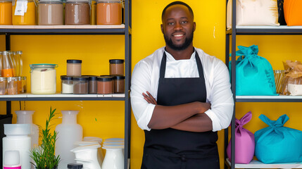Portrait of african american male seller standing with arms crossed in coffee shop