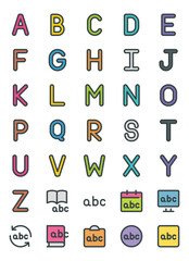 Filled color outline icons set for Alphabet, education.