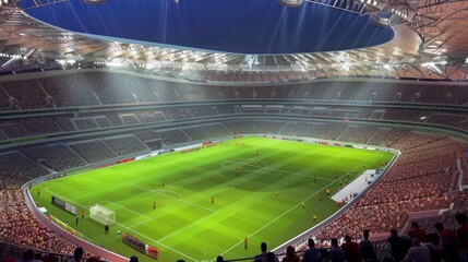 Top-down view of an empty soccer field with a lush green surface, highlighting the perfectly lined field and goalposts.