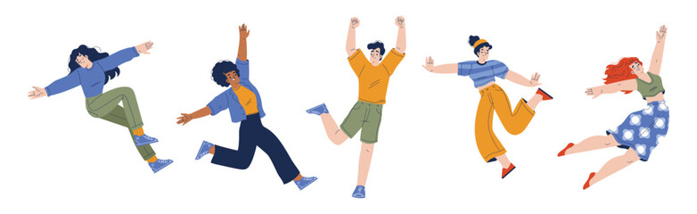 Happy and Rejoicing Jumping Man and Woman Character Cheering Vector Illustration Set