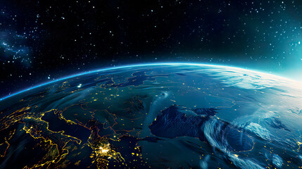 Ultra-detailed depiction of planet Earth from an outer space perspective showing realistic surface features and world map blue and green hues starry night sky backdrop
