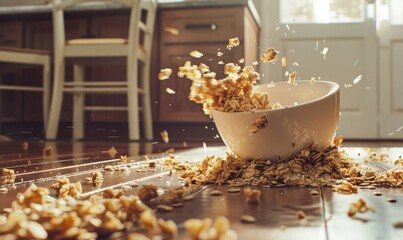 cereal bowl falling on floor, granola spilling out, elegant kitchen setting, impact moment chaos, cereal covers floor, high resolution photography, detailed cinematic view
