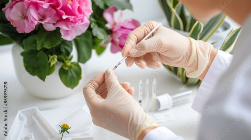 Poster a scientist wearing gloves carefully examines a plant sample using a syringe. the image showcases a 