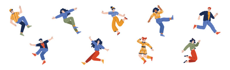 Happy and Rejoicing Jumping Man and Woman Character Cheering Vector Illustration Set