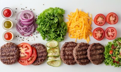 Top view of various burger ingredients