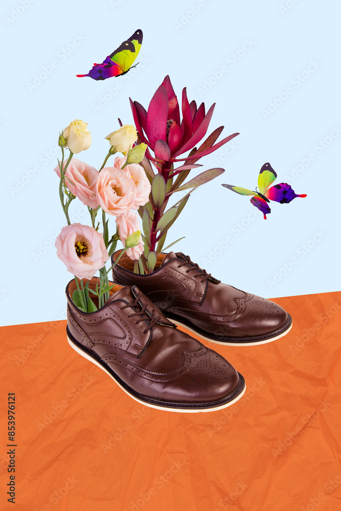 Sticker Trend artwork composite sketch image 3D photo collage of clothes fashion shoes footwear butterfly flower spring season sky heaven clouds