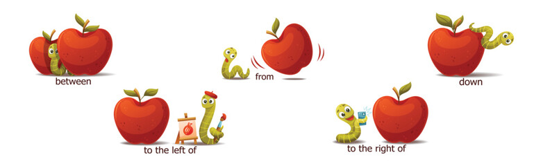 Red Apple with Green Worm as English Preposition Words Vector Set