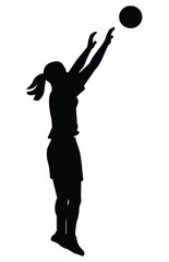 Black silhouette of a women's volleyball girl player jumping and pushing a volleyball with two hands