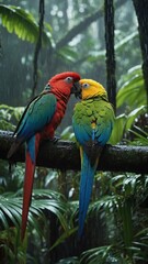 Obraz premium Flirting Parrots on a branch in a beautiful rainy rain forest scene. Generative AI.