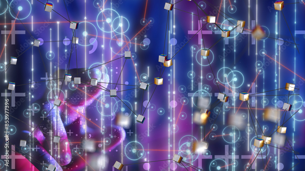 Poster Neural network 3D illustration. Big data and cybersecurity