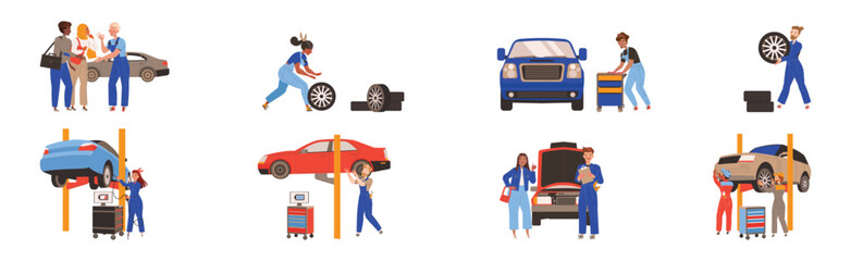 Obraz premium Car Repair Service with Mechanics Team in Garage Doing Technical Inspection and Automobile Diagnostics Vector Illustration Set