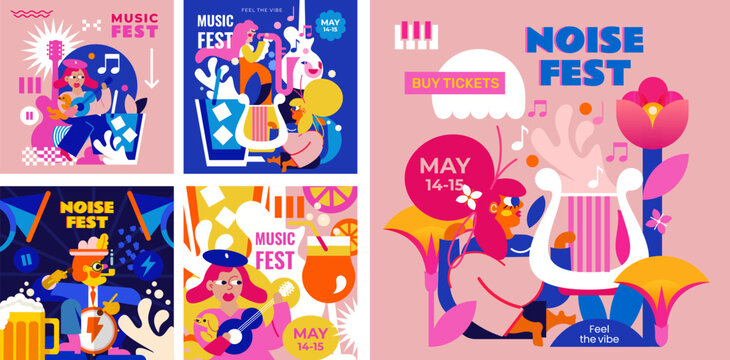 5 music festival templates. Cool drinks, musical instruments, people playing and enjoying music. The design is perfect for jazz, Oktoberfest, outdoor festivals and more