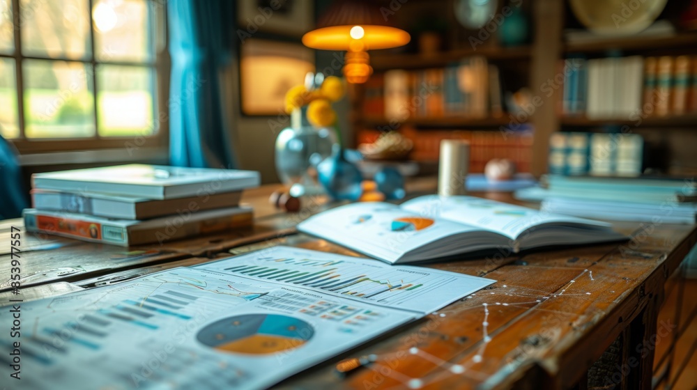 Poster A close-up shot of an open book with charts and graphs on a wooden table in a home office.