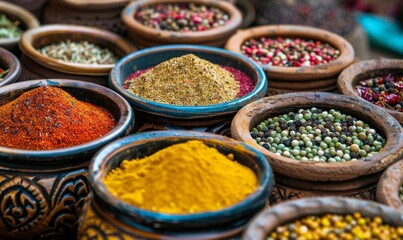Fototapeta premium vibrant spices in small bowls on rustic market table, colorful chili powder and herbs create eye-catching exotic composition
