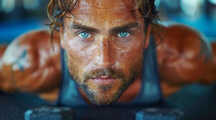 Close-up image of a male athlete with sweat on his face, showing determination and focus during a workout - Powered by Adobe