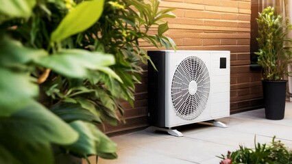 air source heat pump, AC unit installed outdoors at home
