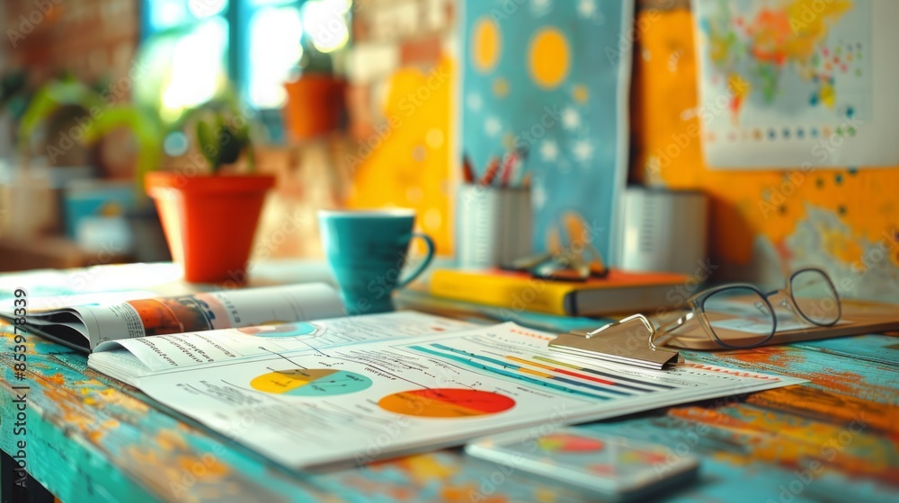 Poster A desk with a colorful open notebook with charts and graphs. Glasses, a mug, and a stack of papers are also on the desk.