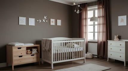 Interior of nursery room with baby crib and cradle.