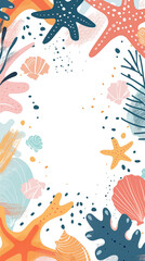 Seashell watercolor frame with starfish, coral and sand