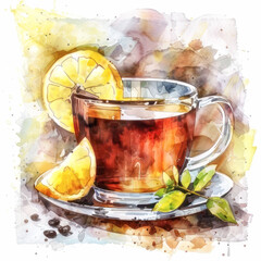 Watercolor Style Lemon Tea. Watercolor style illustration of a glass of tea with lemon slices, perfect for beverage-related designs.
