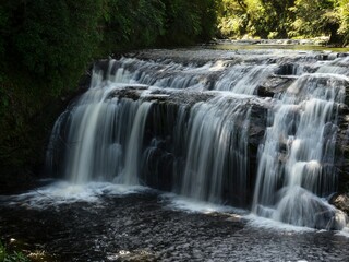 Fototapeta premium Silky white long exposure shot of idyllic Coal Creek Falls river waterfall flowing in Runanga Greymouth New Zealand