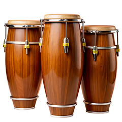 A set of three wooden conga drums, displaying rich wood grain and metallic accents, ideal for...