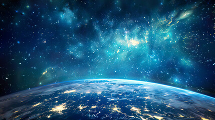 Obraz premium Ultra-detailed depiction of Earth from an outer space perspective realistic surface features and world map blue and green hues starry night backdrop sharp and precise illumination