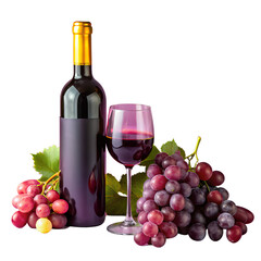 Obraz premium Bottle of red wine with a glass and grapes on a white background. Perfect for vineyard, winery, and wine tasting concepts.