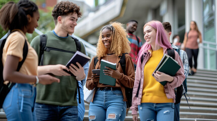 Engaged students stroll around the university after classes or during a break, enthusiastically discussing their studies.