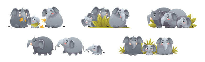 Elephant Family with Parent and Sweet Baby Together Engaged in Different Activity Vector Set