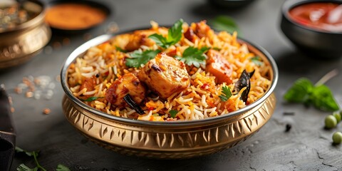 Menu item Chicken biryani with various regional Indian flavors in golden bowl. Concept Chicken Biryani, Regional Indian Flavors, Golden Bowl