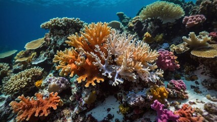 Obraz premium Colorful corals in a coral reef underwater with beautiful lighting. Generative AI.