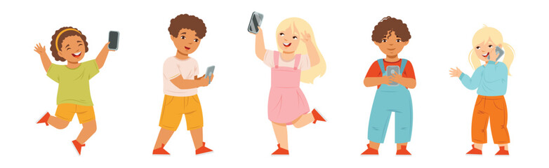 Happy Kid Use Smartphone Mobile Gadget Vector Set