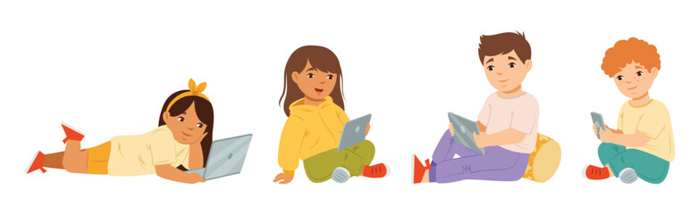 Happy Kid Use Tablet and Laptop Mobile Gadget Vector Set