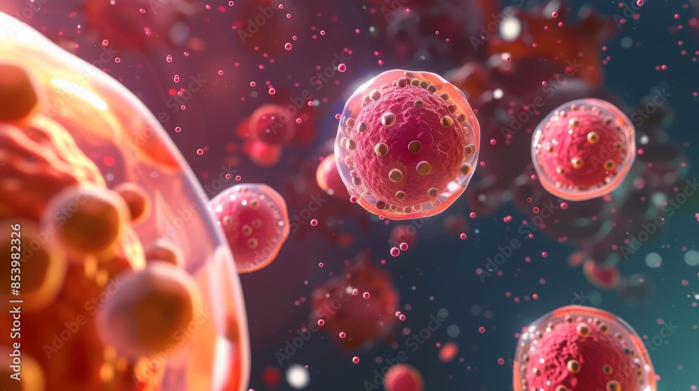 Fototapete This digital image displays round cells with clear membranes and smaller, irregularly shaped viruses at a microscopic level.