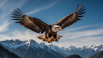 An American bald eagle is flying and hunting for prey in a mountain covered with ice
