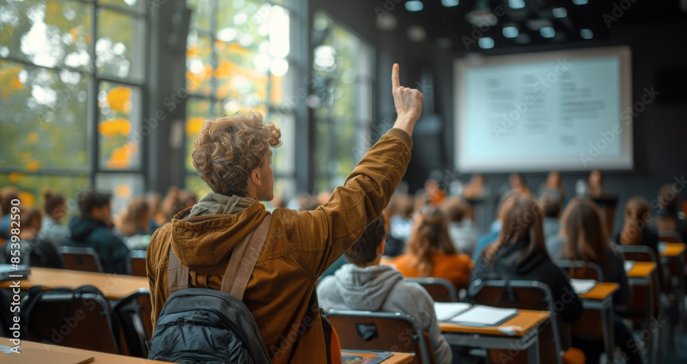 Poster a student raises his hand to ask a question during a lecture in a college classroom.