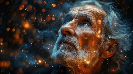 Mysterious obscured face surrounded by magical golden sparks and deep blue ambiance