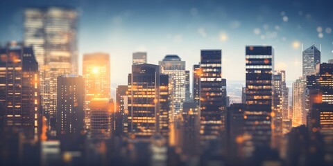 Obraz premium Closeup city skyline at dusk illuminated buildings vibrant nightlife dynamic views. Concept Cityscape Photography, Dusk Skyline, Illuminated Buildings, Nightlife Scenes, Dynamic Views