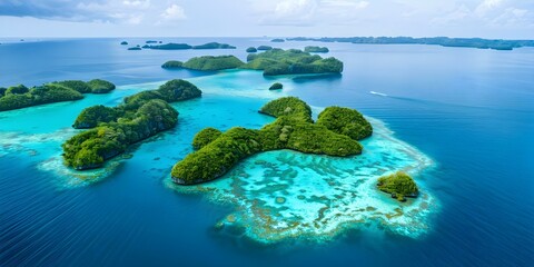 Aerial view of Palau archipelago with coral reefs turquoise waters green islands. Concept Aerial Photography, Palau Archipelago, Coral Reefs, Turquoise Waters, Green Islands