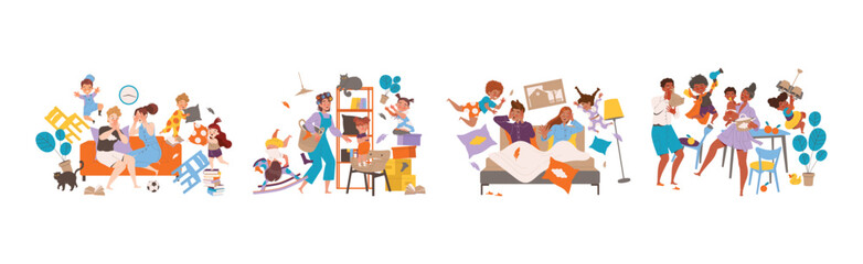 Naughty Hyperactive Children Characters Making Mess Vector Illustration Set