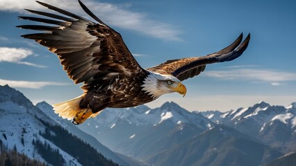 Obraz premium Bald eagle is hunting for prey in a mountain covered with ice