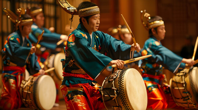 Taiko drummers in synchronized performance, showcasing traditional rhythm.


