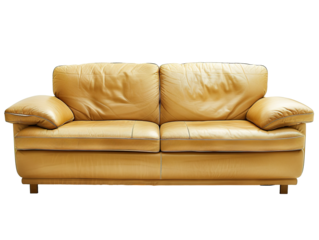 A beige leather rectangular sofa isolated on a white background PNG