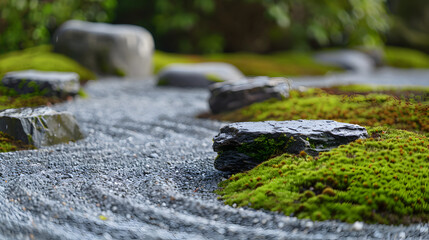 Fototapeta premium Zen garden with carefully raked gravel and moss-covered stones.