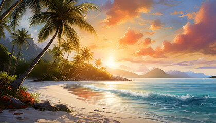 A Painting of a Tropical Beach With Palm Trees