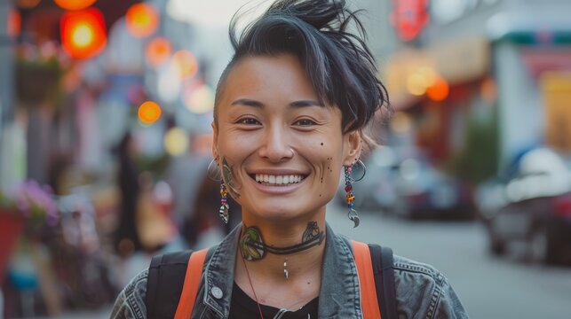 Asian non-binary person on a city street portrait smiling happy. 