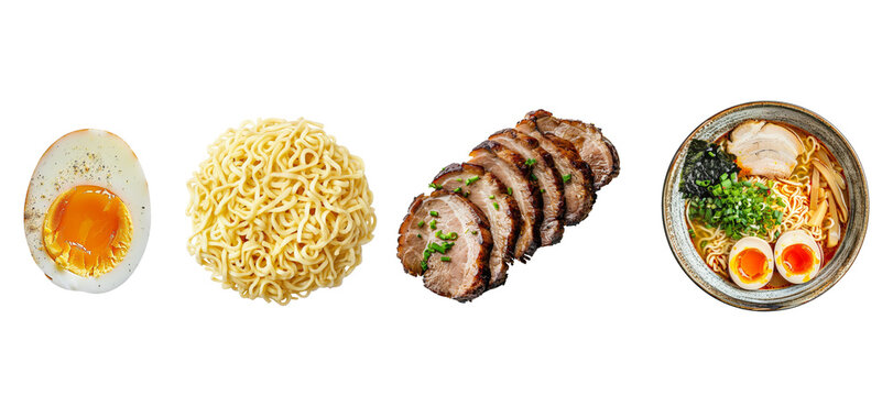 Ramen noodle with ingredient noodle, chashu pork, and eggs for cooking isolated on background, popular and traditional food.