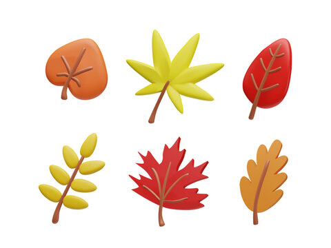 Colorful autumn leaves 3D icon set vector illustration